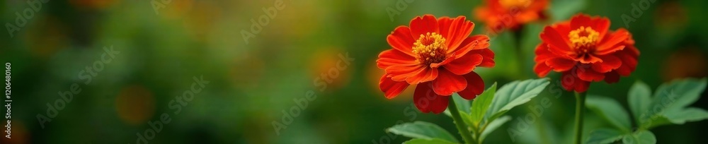 Red marigold blooms on a stem with green leaves, plant, stem Red marigold blooms on a stem with green leaves, plant, stem