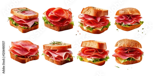 Fresh Sandwiches with Sliced Ham on Bread,PNG set collection, isolated on transparent background photo