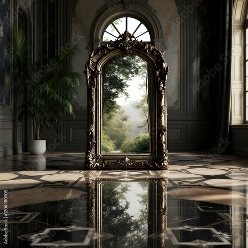 A Stunning Ornate Mirror Reflecting Nature in an Elegantly Designed Interior Space