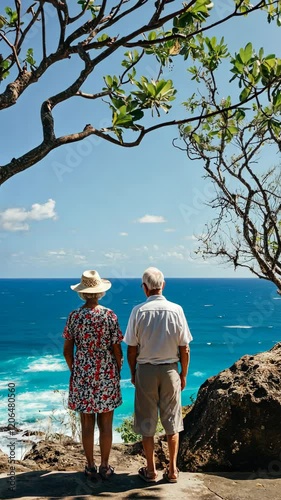 Senior couple enjoying a scenic coastal view on a sunny day