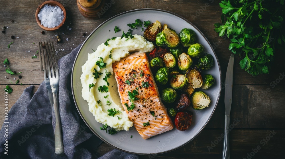A low-carb dinner with vegetables, featuring grilled salmon, roasted Brussels sprouts A low-carb dinner with vegetables, featuring grilled salmon, roasted Brussels sprouts