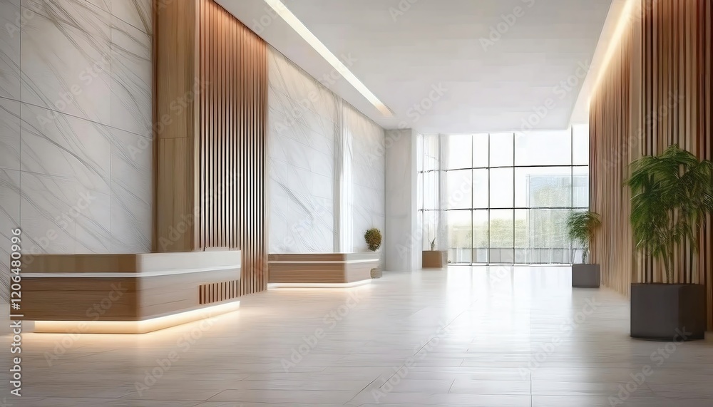 Obraz premium A modern, spacious lobby featuring elegant wood accents, marble walls, and large windows allowing natural light.