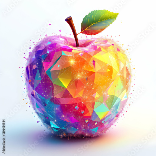 A Vibrant and Colorful Geometric Apple with a Leaf - A Beautifully Crafted 3D Rendered Image