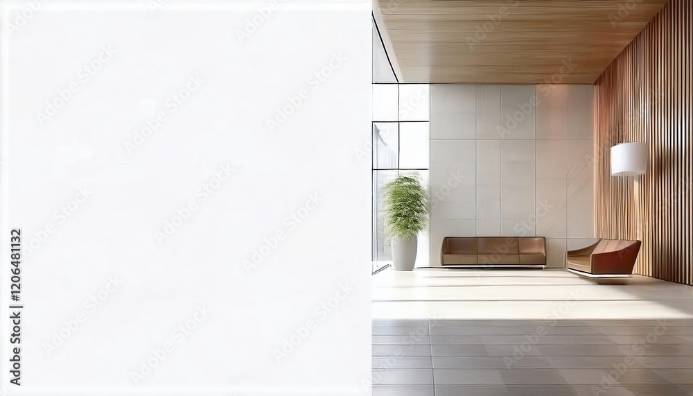 Fototapeta premium A modern, minimalist interior featuring wooden accents, natural light, and a cozy seating area with greenery, creating a serene atmosphere.