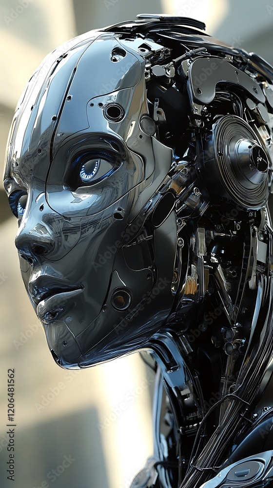 A close-up of a sleek, futuristic humanoid robot's face. A close-up of a sleek, futuristic humanoid robot's face.