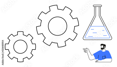 Gears signify process and mechanics, a flask filled with liquid suggests experimentation, and a person points in direction of innovation. Ideal for science, research, innovation, engineering