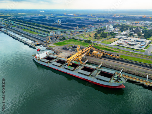 Aerial view of a coal vessel loading at a port in Australia