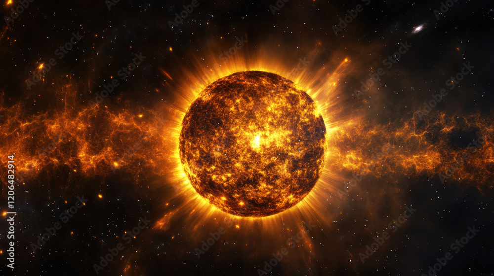 Obraz premium Fiery Celestial Inferno: A breathtaking depiction of a fiery star or celestial body, radiating intense heat and light amidst a swirling nebula of cosmic dust and gas.