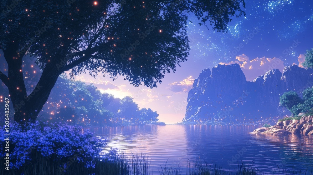 Naklejka premium Magical nighttime reflection enchanted lake digital art serene nature tranquil viewpoint dreamlike concept