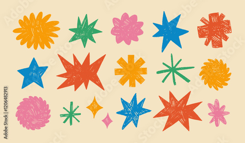 Funky star shapes and figures with crayon texture. Brutal contemporary colorful star figures, flower and sun. Hand drawn primitive geometric elements. Swiss design aesthetic. Scribbles and scrawls.