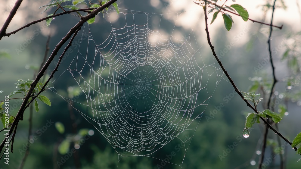 custom made wallpaper toronto digitalA delicate spider web glistens with morning dew, suspended between branches against a soft, blurred green backdrop.