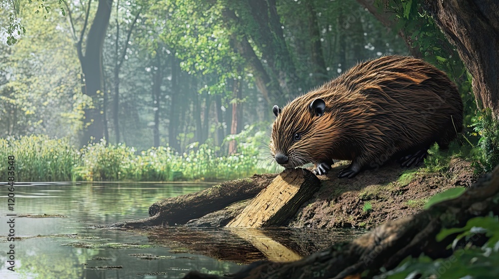 North American Beaver Working by a Forest Pond