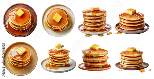 Delicious stack of pancakes with butter and syrup isolated on transparent background perfect for breakfast themes photo