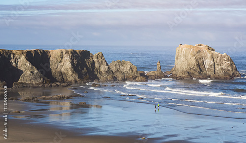 Beautiful scenic photographic Bandon Oregon beach with blue ocean and rock formations