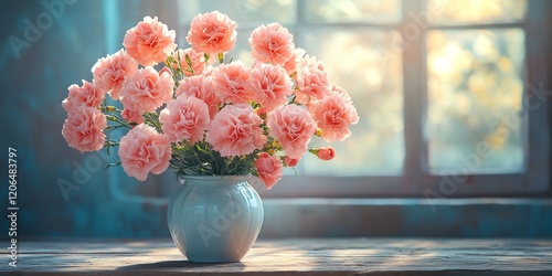 Wallpaper Mural Floral arrangement of pastel pink carnations a vase placed on a rustic wooden table soft morning light Torontodigital.ca