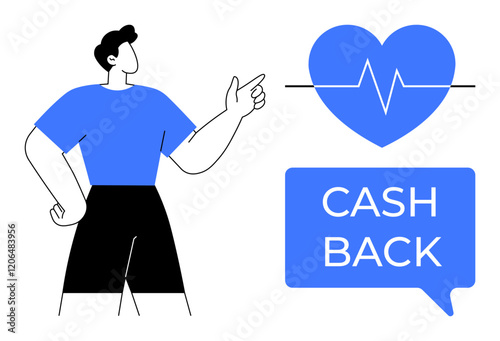 Person gesturing towards heartbeat line inside heart shape next to CASH BACK speech bubble. Ideal for health benefits, financial incentives, customer rewards, wellness programs, financial services