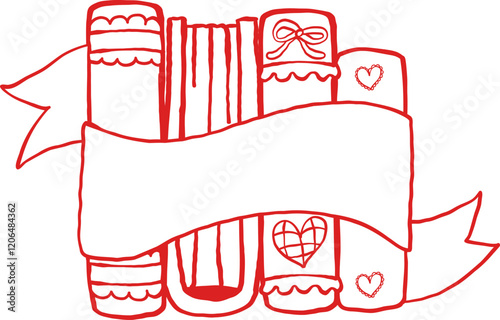 Retro Valentine Bookish Book Stack with Banner Outline