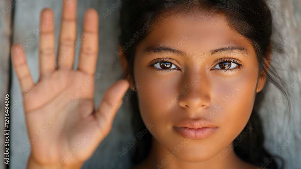 Serious young Latina woman showing her palm. Serious young Latina woman showing her palm.