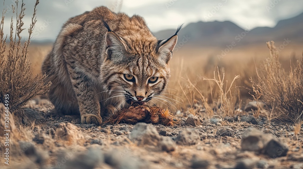 Obraz premium Bobcat Eating Prey In A Desert Habitat