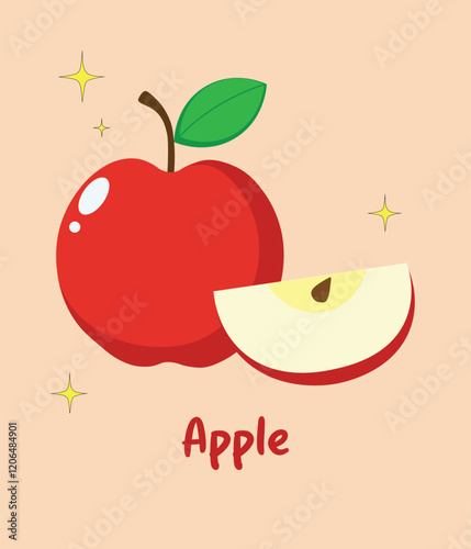 A simple, cartoon-style vector illustration of a red apple and a slice of apple with a green leaf, it's perfect for children's books, food-related designs, or as a logo element