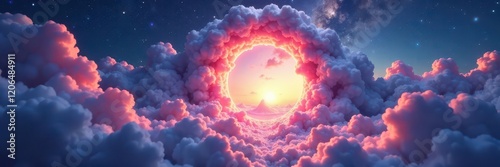 Whispy clouds conceal glowing portal entrance, dreamlike, gateway