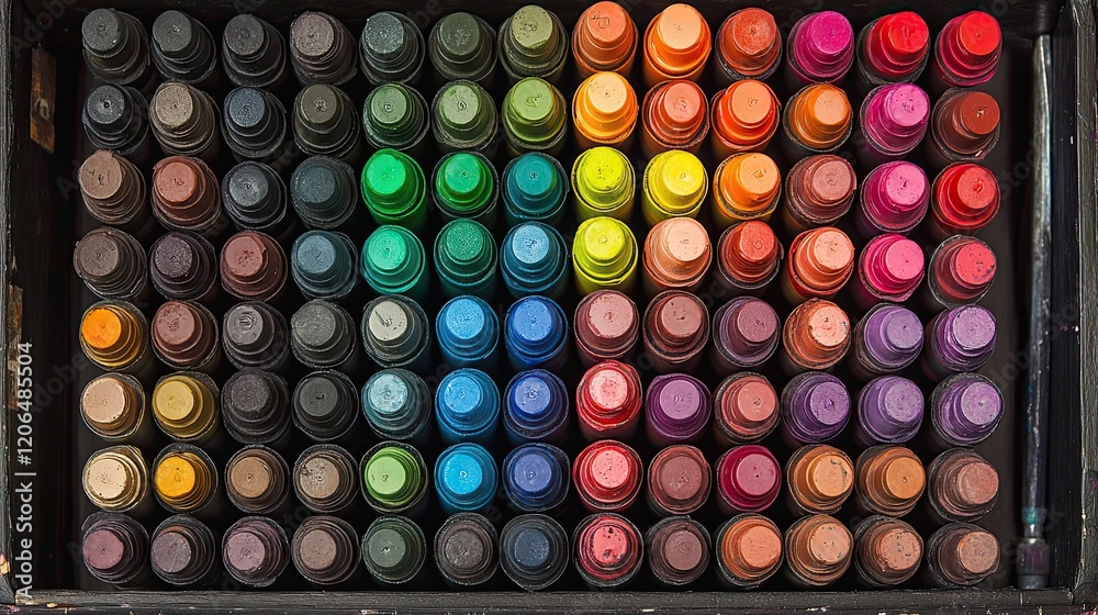 Colorful crayons arranged neatly in a wooden box Colorful crayons arranged neatly in a wooden box