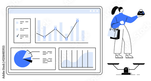 Digital screen with charts, graphs showing data analytics, while businesswoman balances shopping and work. Ideal for balancing work life, productivity, multitasking, time management, analytics