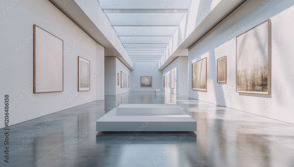 Fototapeta premium Modern Art Gallery with Paintings and a Reflective Floor