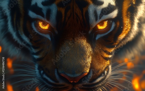 Fierce tiger with glowing eyes in fire.