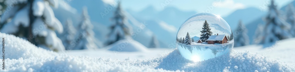 Miniature winter landscape inside a glass sphere, miniature, white snow, clear blue sky Miniature winter landscape inside a glass sphere, miniature, white snow, clear blue sky