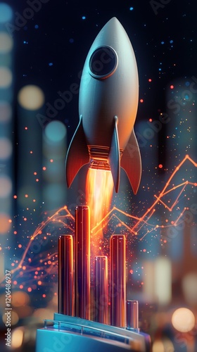 A 3D-rendered rocket launching from a dynamic bar graph, representing skyrocketing profits, with a blurred cityscape in the background. photo