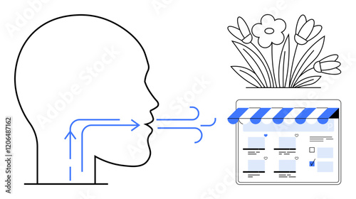 Human head with arrows representing speech towards a digital storefront symbolizing online shopping blooming flowers suggest growth. Ideal for e-commerce, online influence, digital marketing