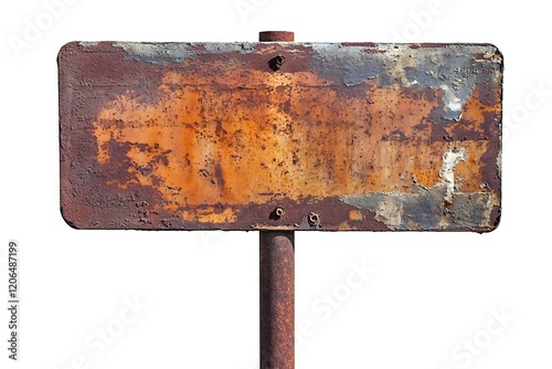 Weathered and rusty metal signboard isolated on white background