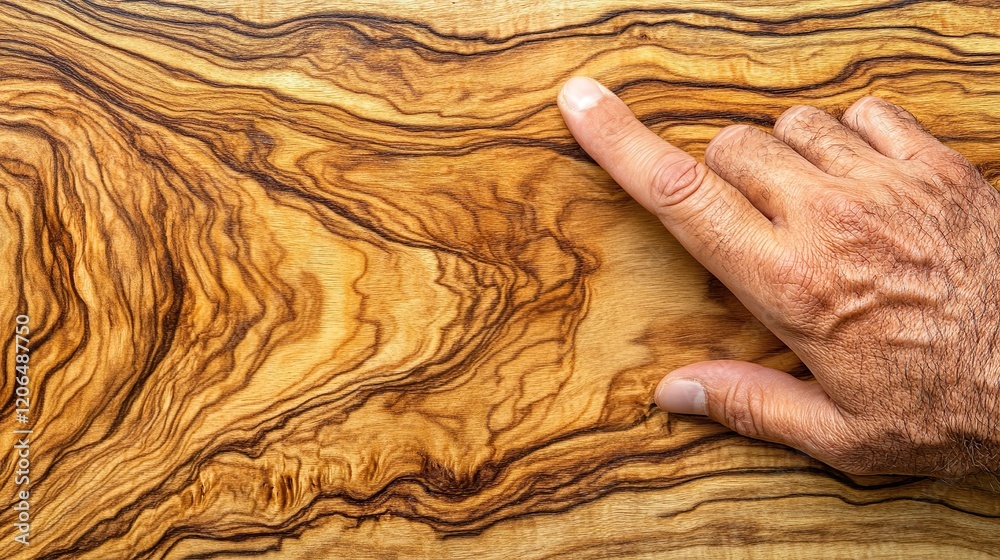 Fototapeta premium Hand Resting on Smooth Olive Wood Panel Natural Patterns Rustic Organic Finish