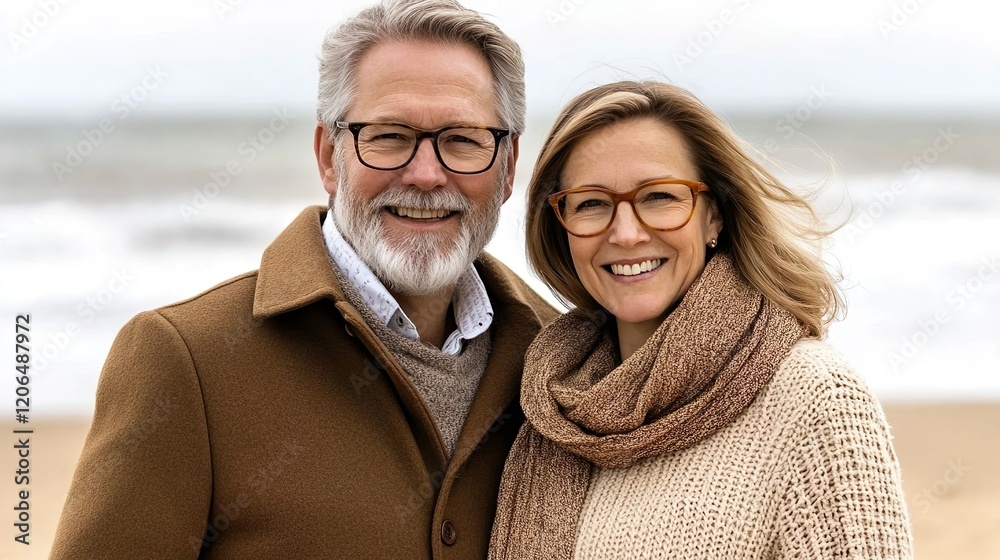 Middle-Aged Couple Smiling Embracing Winter Beach Scenic Romantic Outdoor Portrait Middle-Aged Couple Smiling Embracing Winter Beach Scenic Romantic Outdoor Portrait