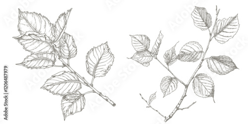 Birch hand drawn illustration. Vector pen-and-ink drawing illustration of Birch plant. Herbal conception illustration