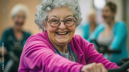 Smiling Senior Woman Exercising on Stationary Bike Group Fitness Active Healthy Lifestyle