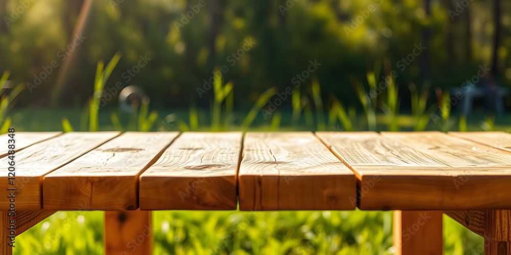 Top angle shot of wood table top on blur of big window glass and abstract fresh green from garden background in morning.background, wallpaper Top angle shot of wood table top on blur of big window glass and abstract fresh green from garden background in morning.background, wallpaper