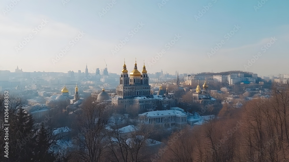 Fototapeta premium Golden Domed Cathedral Winter Cityscape View