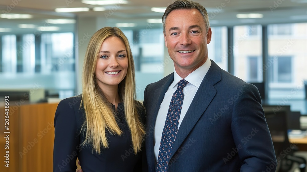 Two Confident Business Professionals Standing Together Smiling Modern Office View