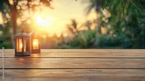 Handpolished teakwood table, soft lantern bokeh, exotic warmth and sophistication photo