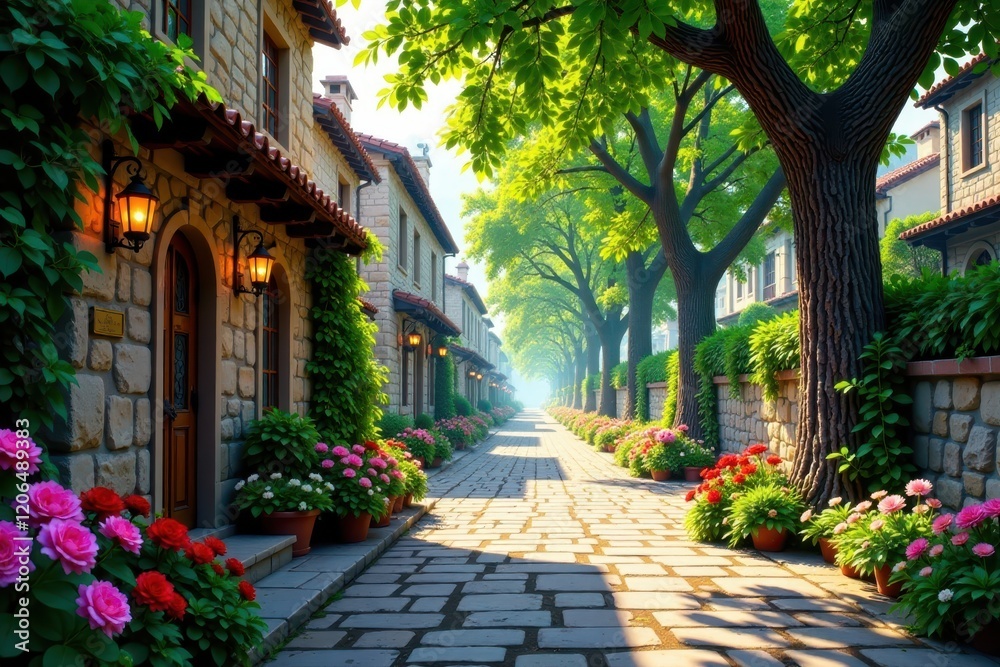 Obraz premium Stone alley lined with towering trees and colorful flowers along the sides, alley, flowers