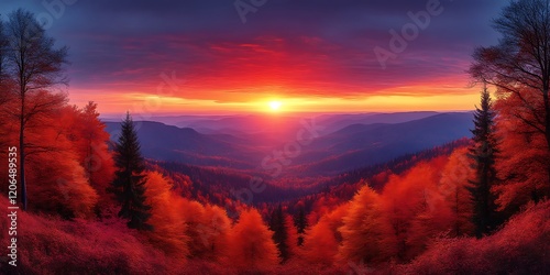 Vibrant sunset over autumn mountain range.