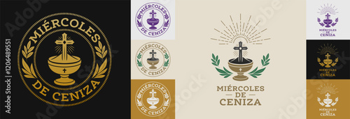 Miercoles de Ceniza, Ash Wednesday Spanish text, catholic Christian holy week celebration, emblem set design