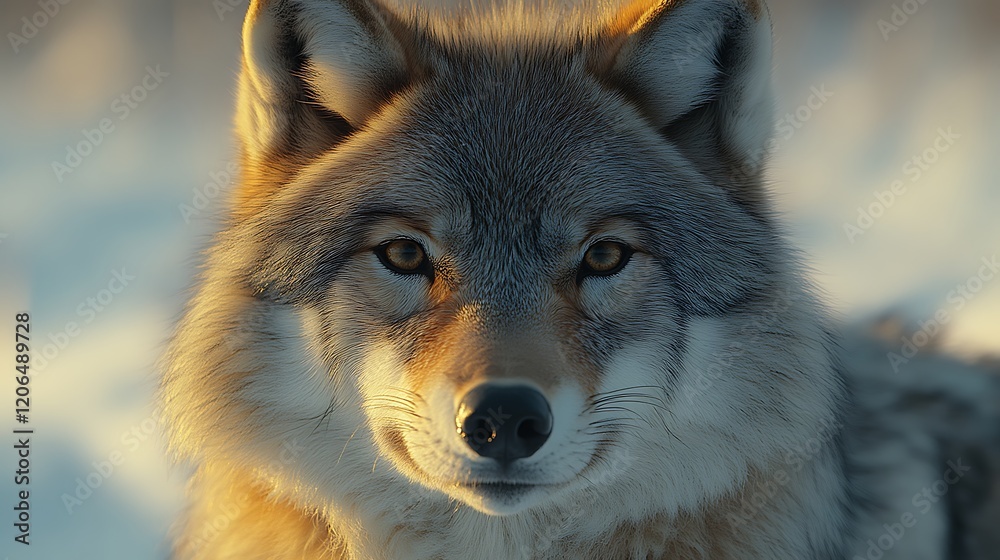 Obraz premium Majestic wolf stares, snowy sunset, winter wildlife