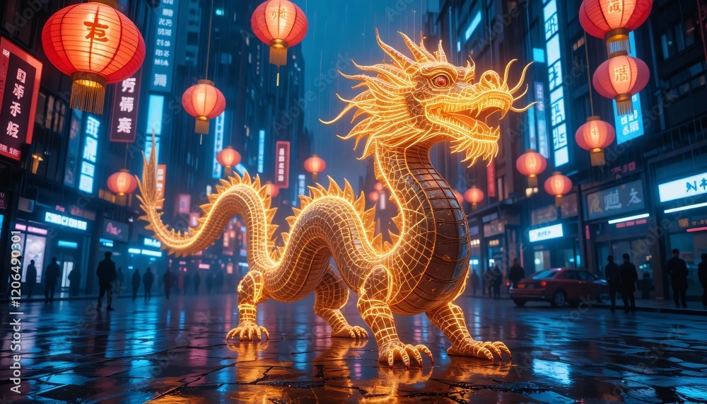 Obraz premium Golden dragon statue illuminated with glowing lights. futuristic red lanterns and vibrant atmosphere, blending traditional Chinese elements with modern city life
