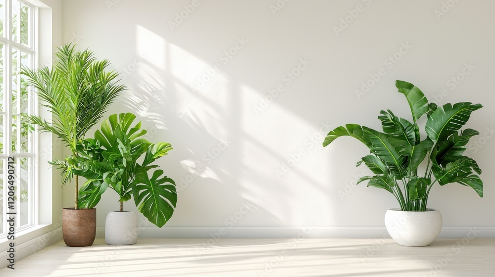 Fototapeta premium Sunlit office space with greenery inviting design modern aesthetic eye-level perspective for a warm feel