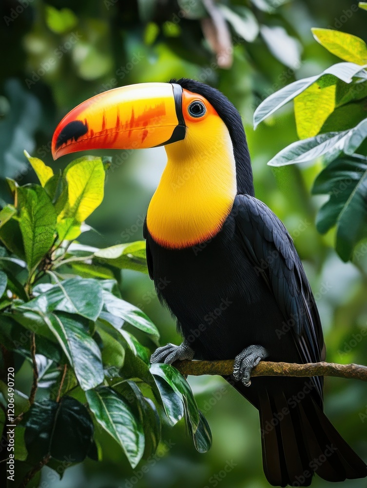Fototapeta premium Toucan in rainforest black yellow green realistic style