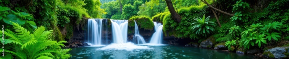 Fototapeta premium Waterfall cascades through lush ferns and greenery, Hawaii, forests