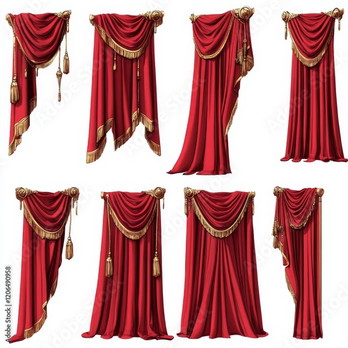 Eight variations of red stage curtains with gold trim and tassels, isolated on white.